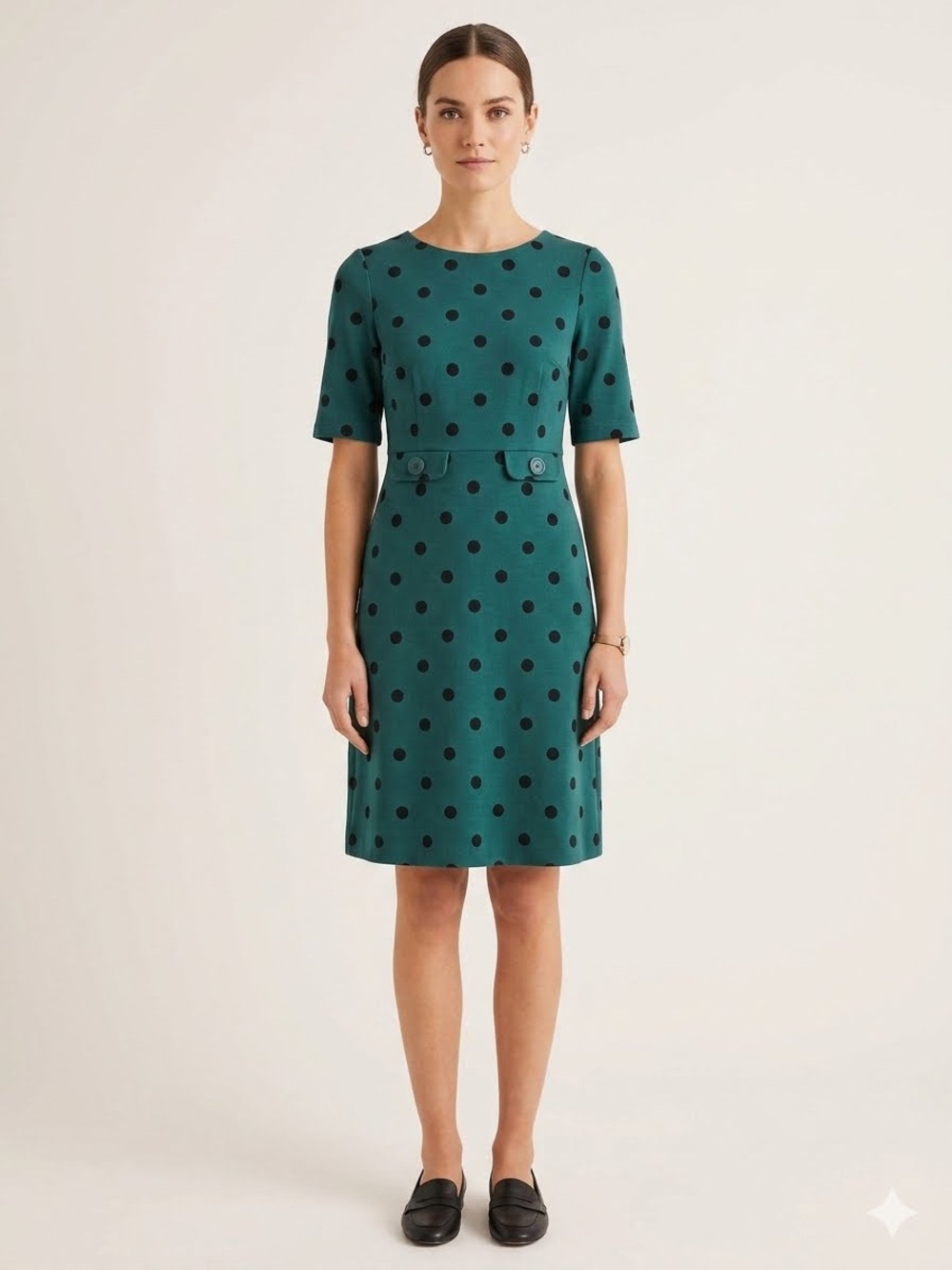 Boden Dark Green Dress with Black Polka Dots